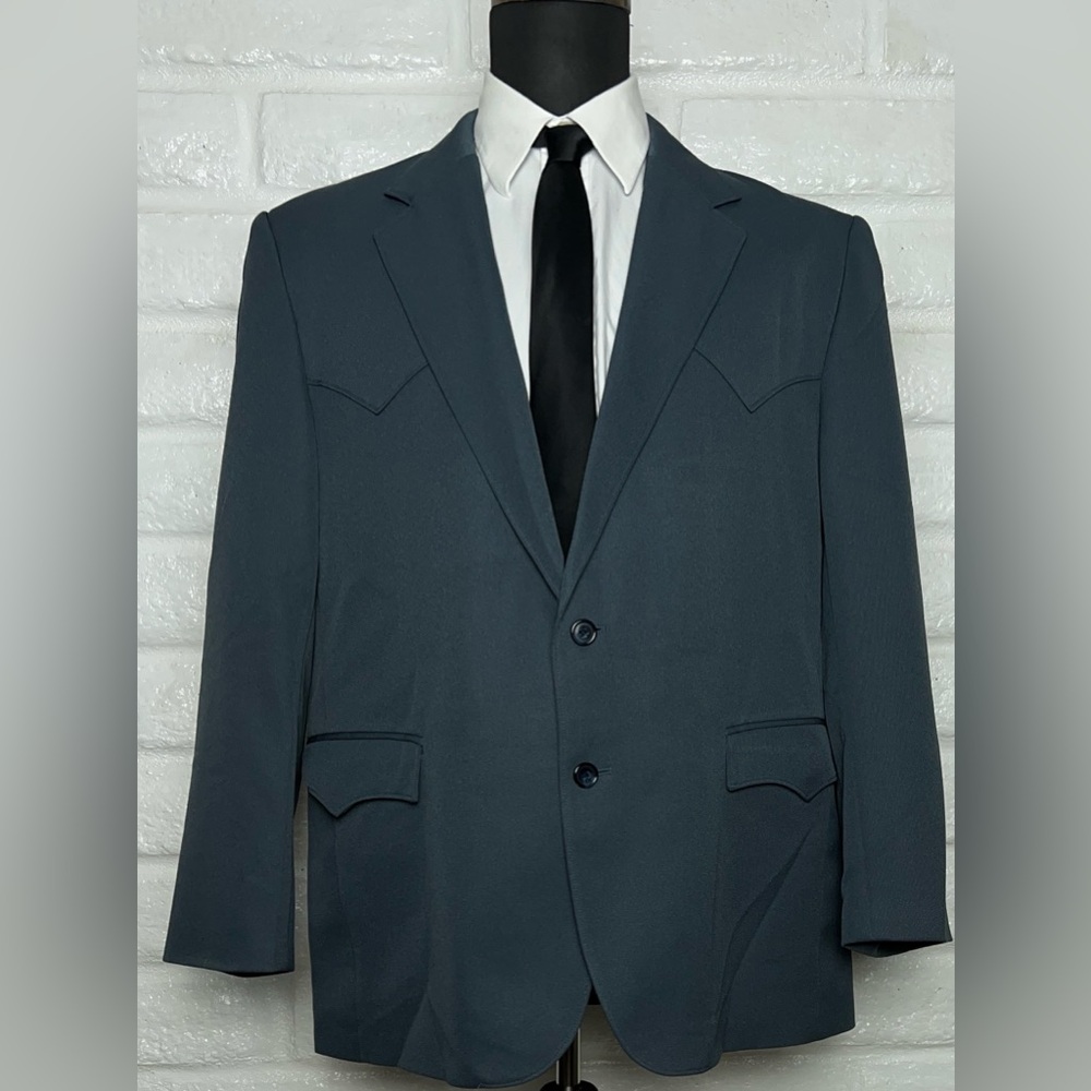 vintage USA made Blue WESTERN cowboy 2PC SUIT 46R textured CIRCLE S 38x28
